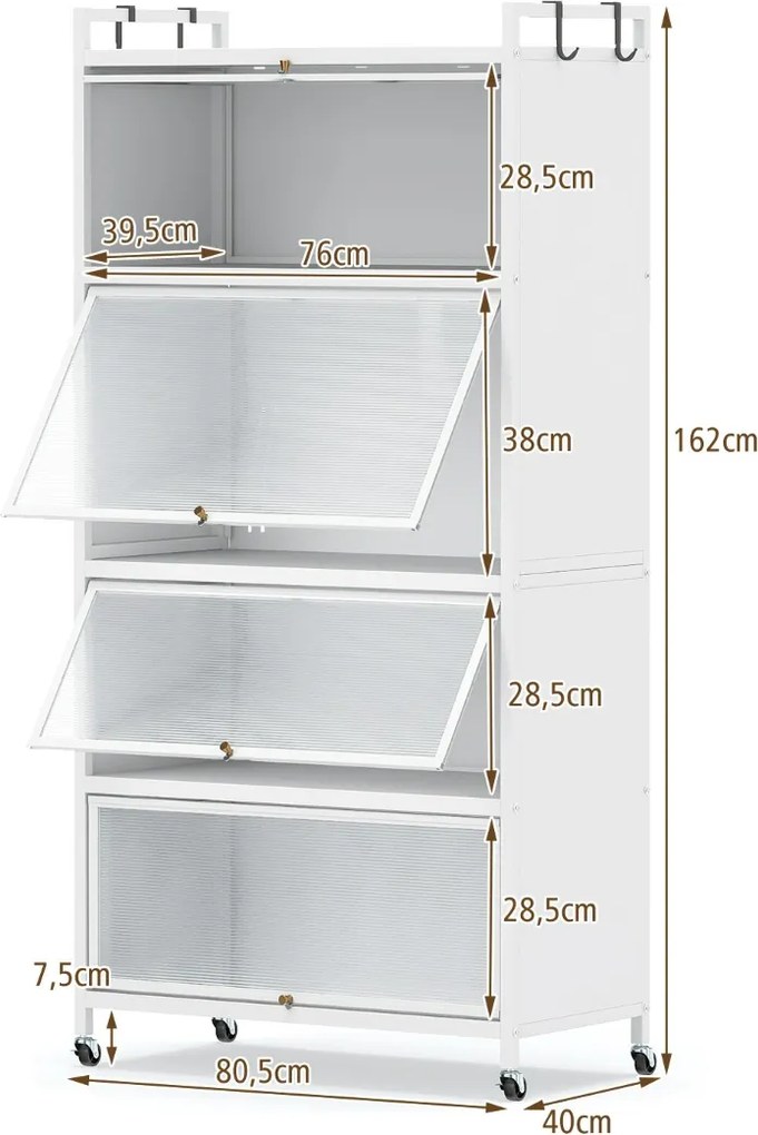 Armário de cozinha 80,5 x 40 x 162 cm de 5 níveis metálico com 4 portas batentes Prateleira com rodas para micro-ondas Branco