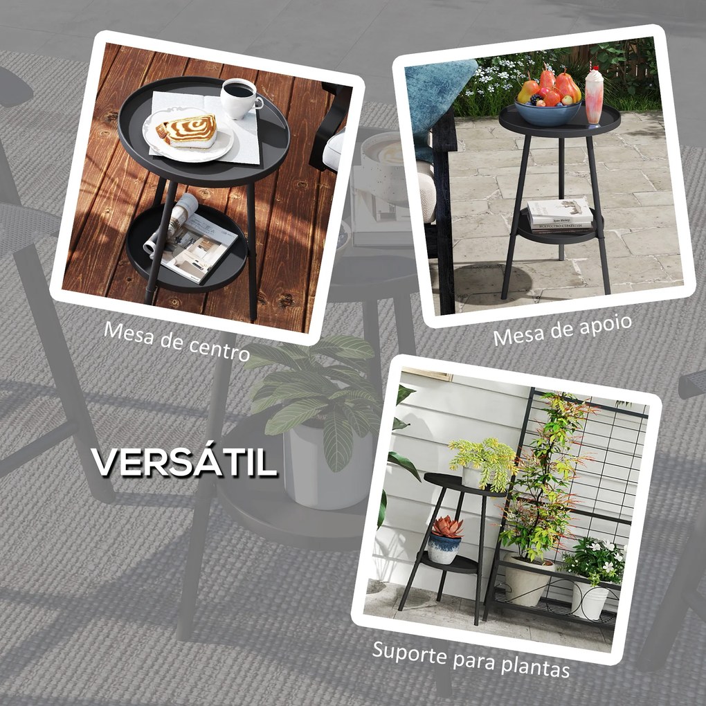 Mesa de Jardim Redonda de 2 Níveis Mesa de Exterior Ø32x51 cm com Bandeja Inferior e Estrutura de Metal Preto