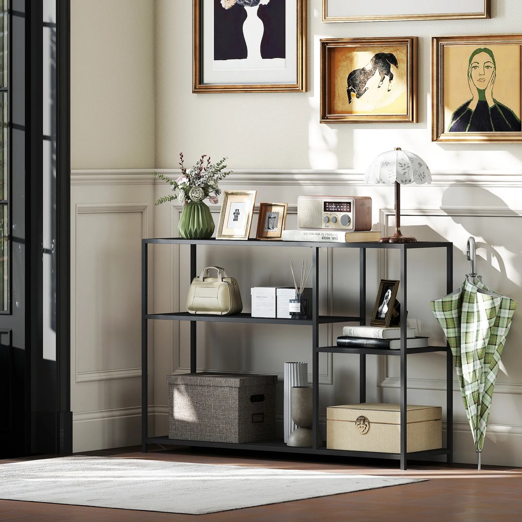 Mesa consola estreito 110 x 30 x 75 cm com 4 prateleiras, estilo industrial, estrutura em aço, preta