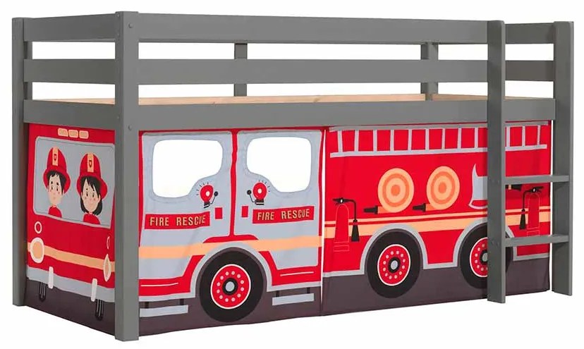 Cama alta de Criança PINO 90 x 200 cm + estrado + escada + cortina Bombeiros Cinzenta