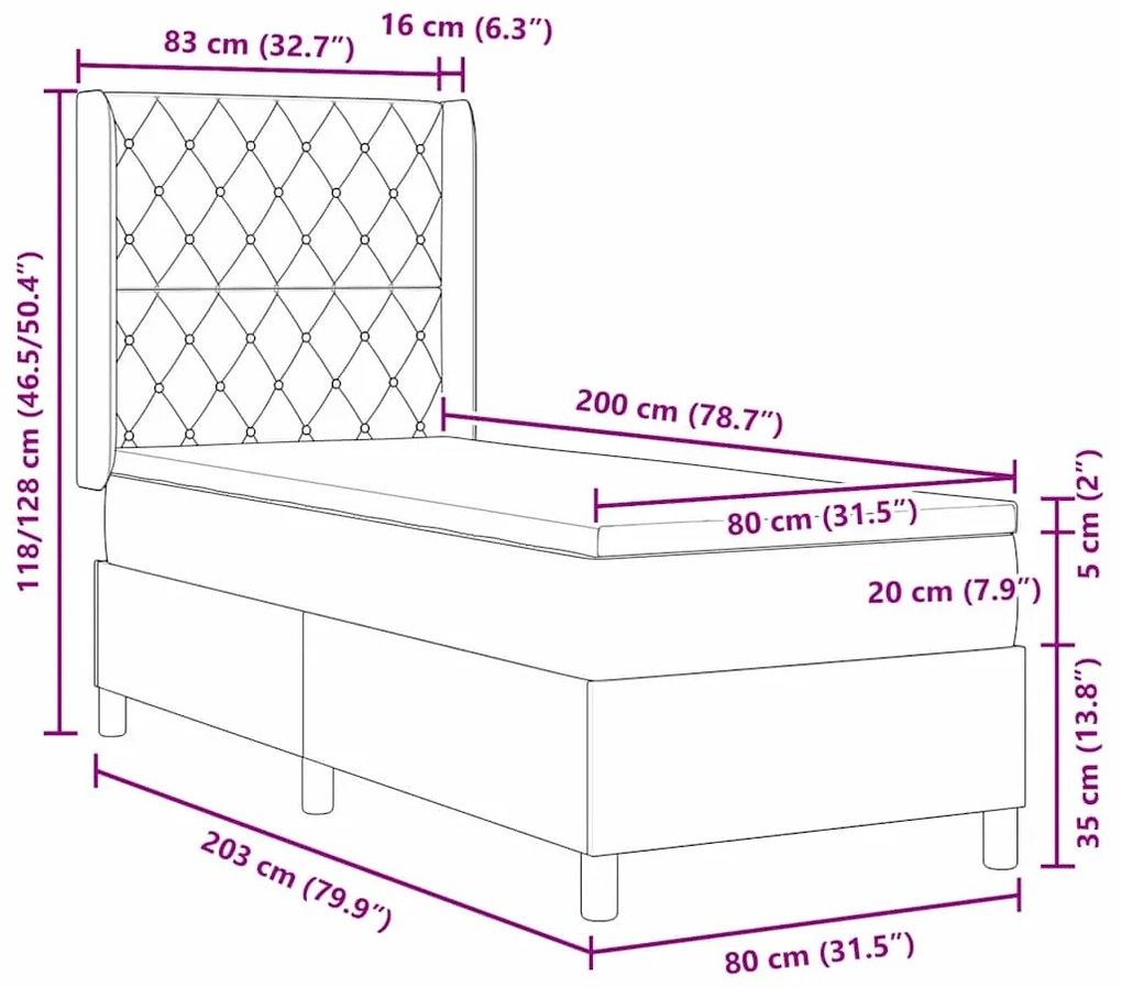 Cama Box Spring vidaXL com Colchão Cinza Escuro 80x200 cm Veludo