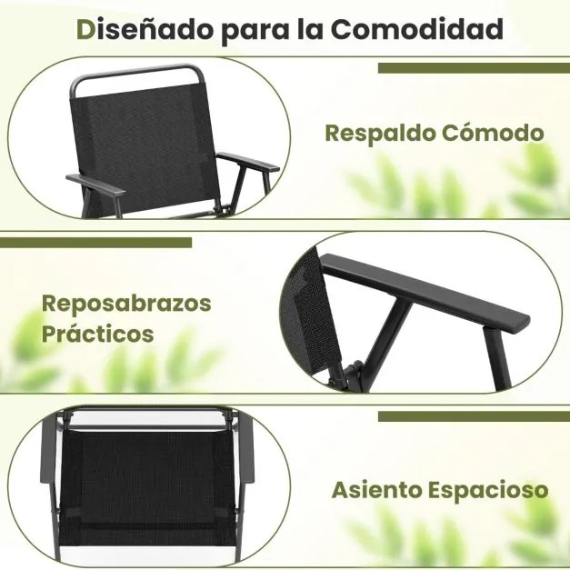 Conjunto de 2 cadeiras dobráveis com estrutura metálica, encosto e apoios para os braços, carga 150 kg, para terraço, varanda ou praia Preto