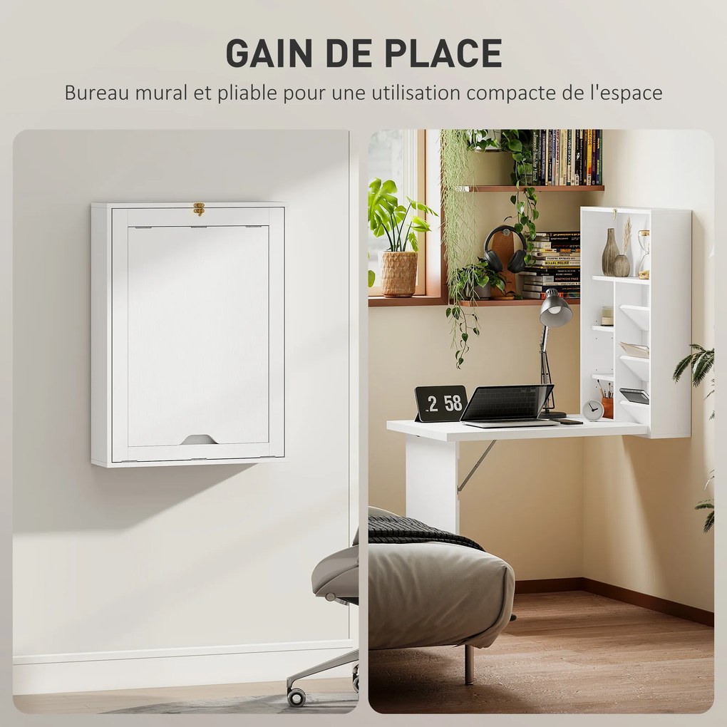 Secretária dobrável de parede, mesa dobrável de parede com prateleiras para sala de estar, sala de jantar, escritório, 93,8 x 60 x 147 cm, branco