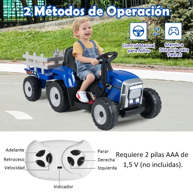 Trator com reboque para crianças com comando 2.4 G, 3 velocidades e luzes LED, até 30 kg, 135 x 51 x 53 cm Azul