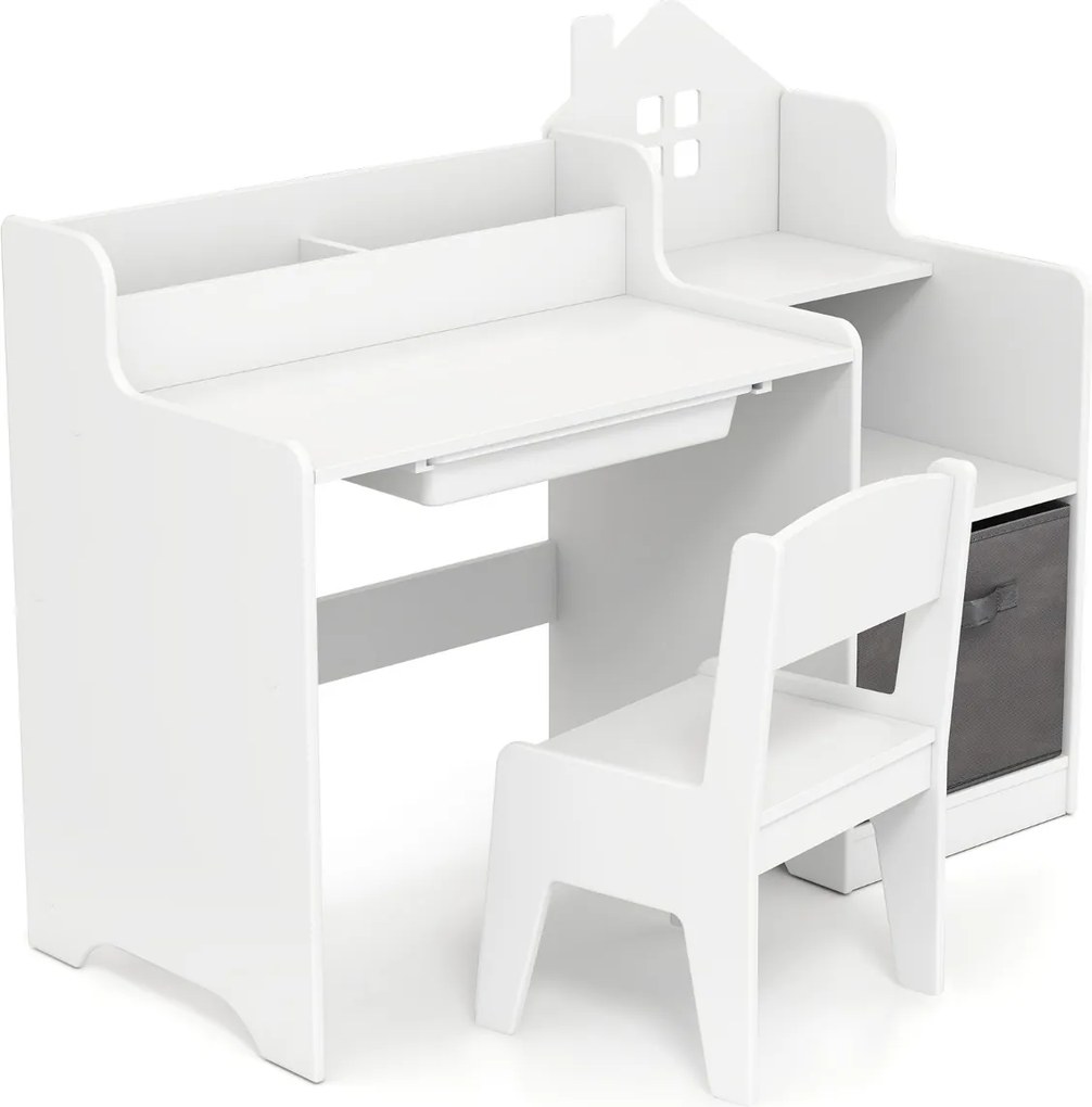 Conjunto de secretaria e cadeira de estudo para crianças com prateleiras abertas Gaveta e cesto de tecido branca