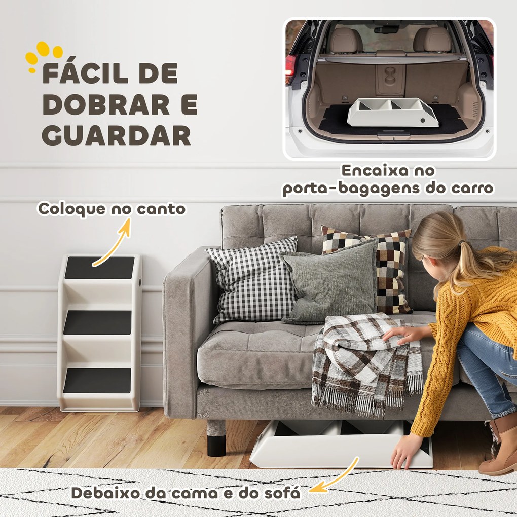 Escada Dobrável para Cães de 3 Degraus para Animais Mais Velhos para Cama Sofá 53x30,5x36,5 cm Creme