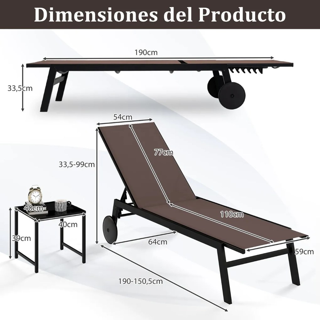 Conjunto de jardim com Espreguiçadeira jardim Tecido respirável Encosto ajustável Rodas e  Mesa de vidro temperado Castanho