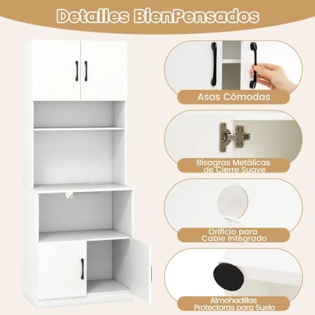 Armário de cozinha 64,5 x 38 x 168 cm com estação de carregamento integrada com 4 portas, 2 prateleiras ajustáveis e bancada para micro-ondas, branco