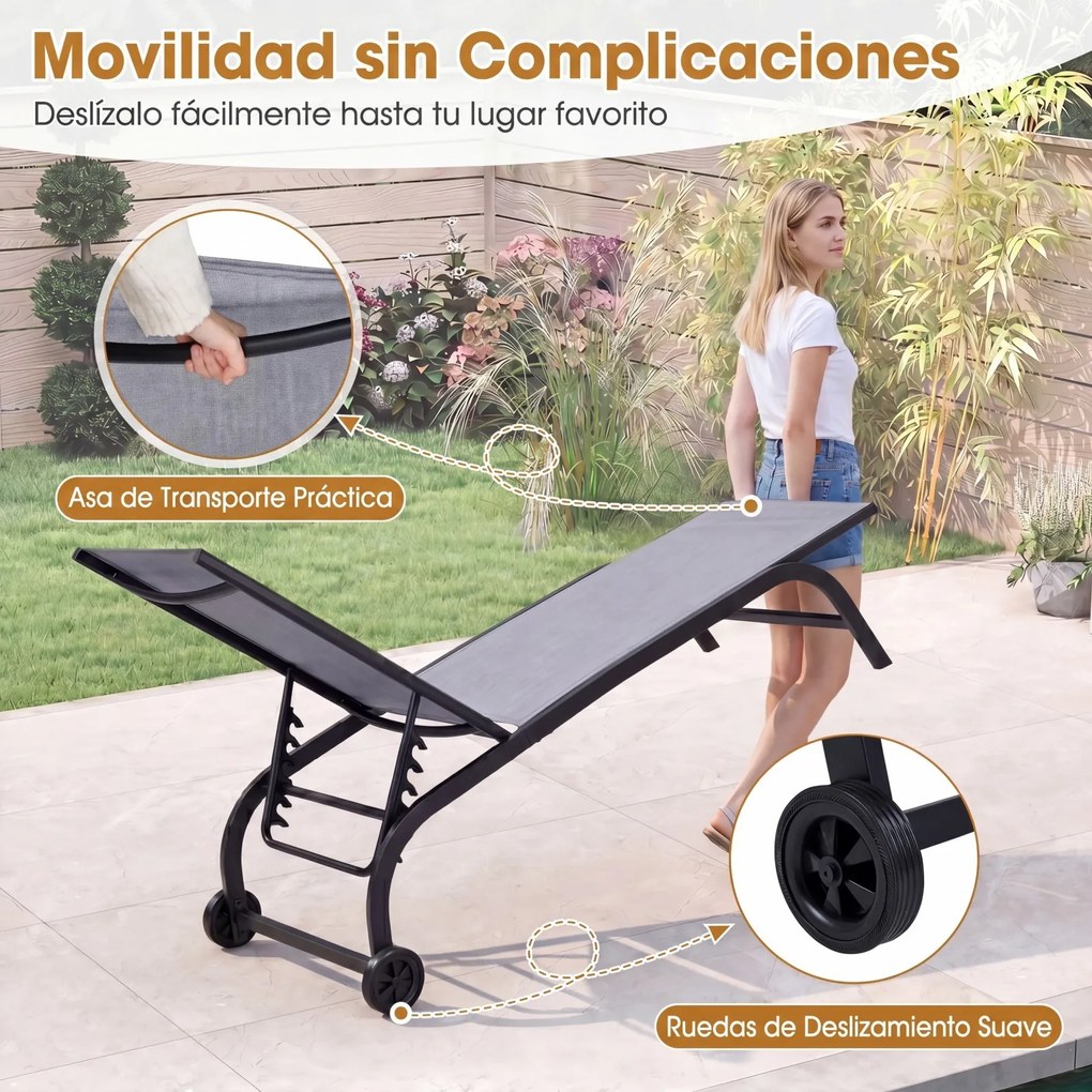 Conjunto de 2 Espreguiçadeiras de Jardim, 190 x 69 cm, Encosto Ajustável em 6 Posições, Cinzento