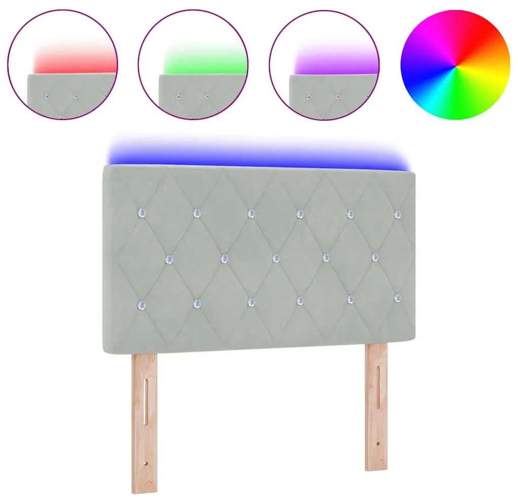Cabeceira LED com botões de cristal, estofada em cinza claro, 80 cm.