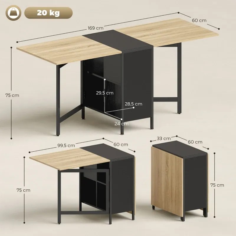 Mesa de Cozinha Dobrável com Arrumação 169x60x75 cm (CADEIRAS NÃO INCLUIDAS) Mesa de Refeição Compacta com 4 Prateleiras Madeira e Preto