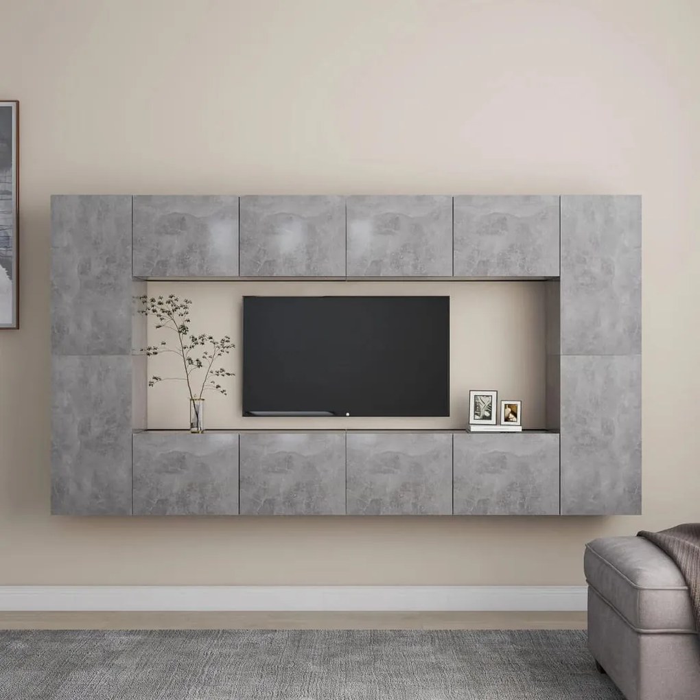 8 pcs conjunto de móveis de TV contraplacado cinzento cimento