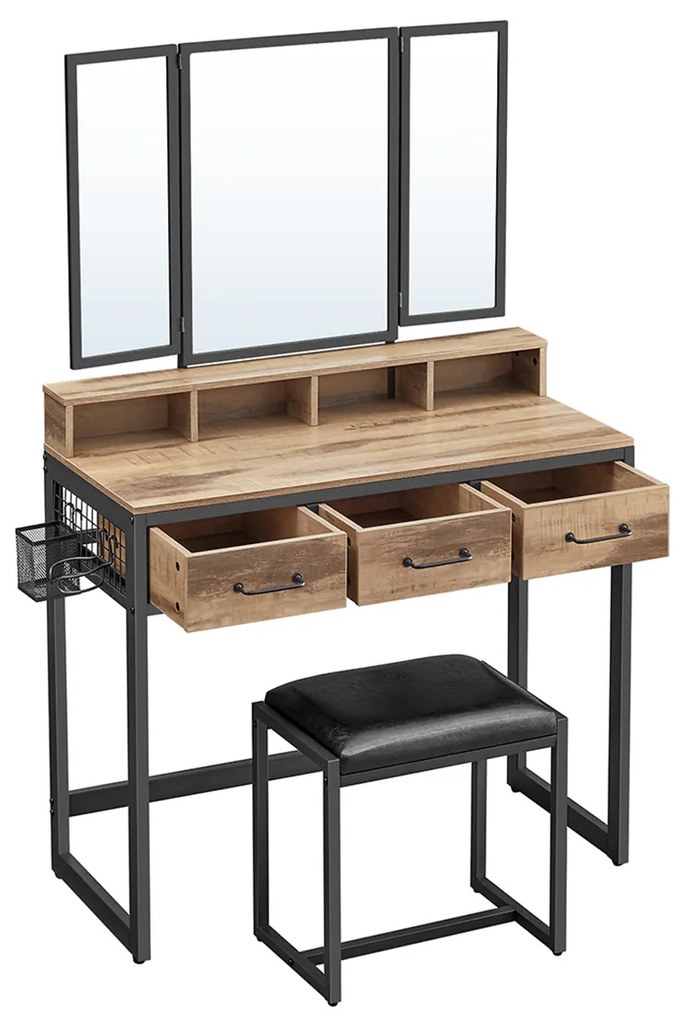 Penteadeira VASAGLE com banqueta acolchoada, penteadeira com espelho triplo, 3 gavetas, suporte para secador de cabelo, mesa de cosméticos, estilo industrial, carvalho marrom/preto RVT004B50