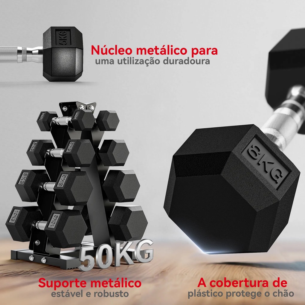 Conjunto de Halteres 2x2kg 2x5kg 2x8kg 2x10kg com Suporte de Armazenamento para Exercício Treino Preto