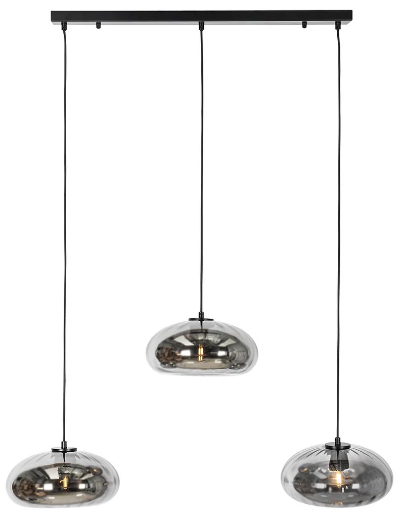 Candeeiro suspenso preto com vidro fumê alongado 3 luzes - Ayesha Art Deco