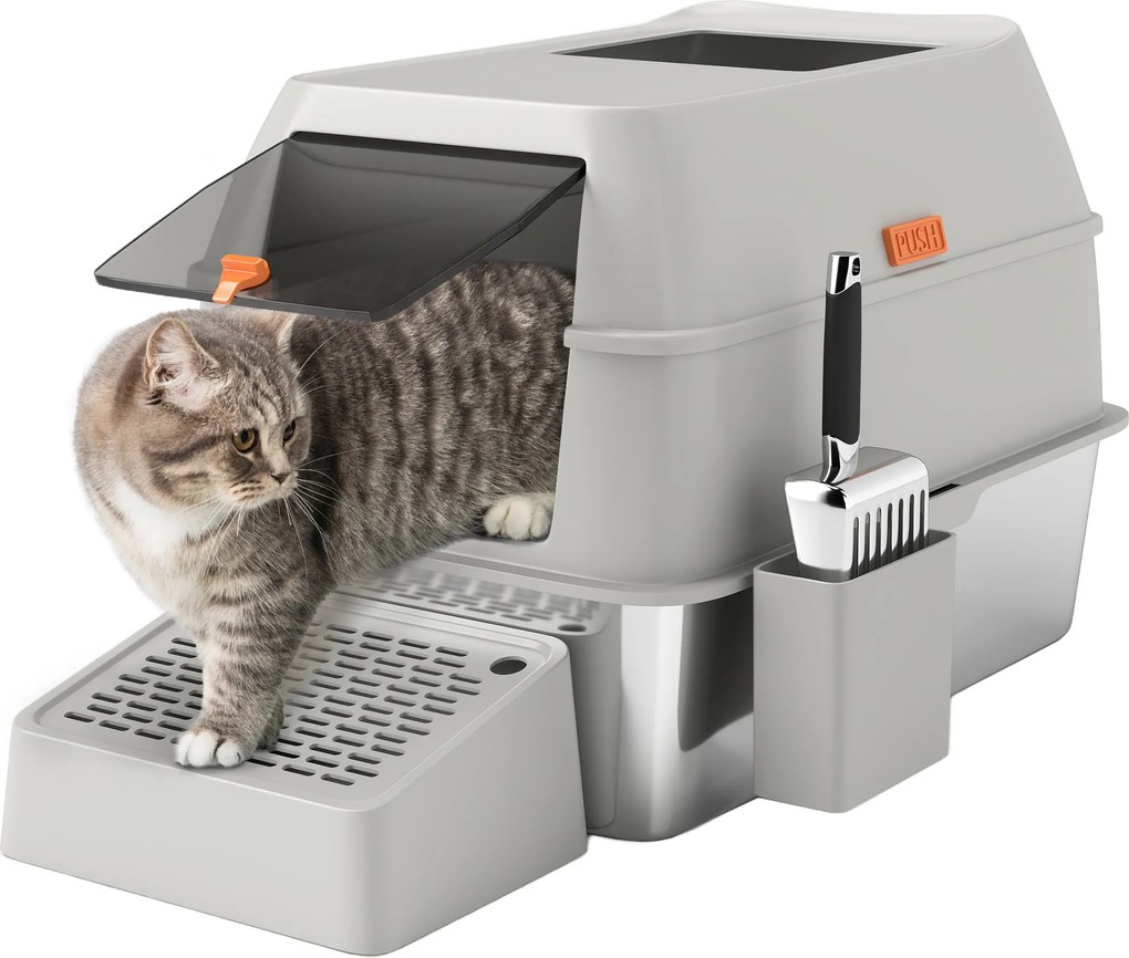 Caixa de Areia para Gatos Fechada de Aço Inoxidável com Abertura de Saída e Pá 60,2x40,5x40,5 cm Cinza Claro