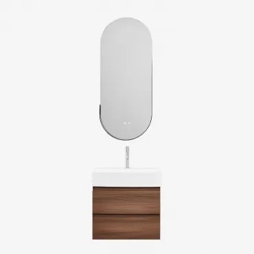 Conjunto De Móvel De Casa De Banho Em Madeira E Chapa De Freixo Com Lavatório Integrado Ona Madeira Escura & Ovalado Led E - Sklum