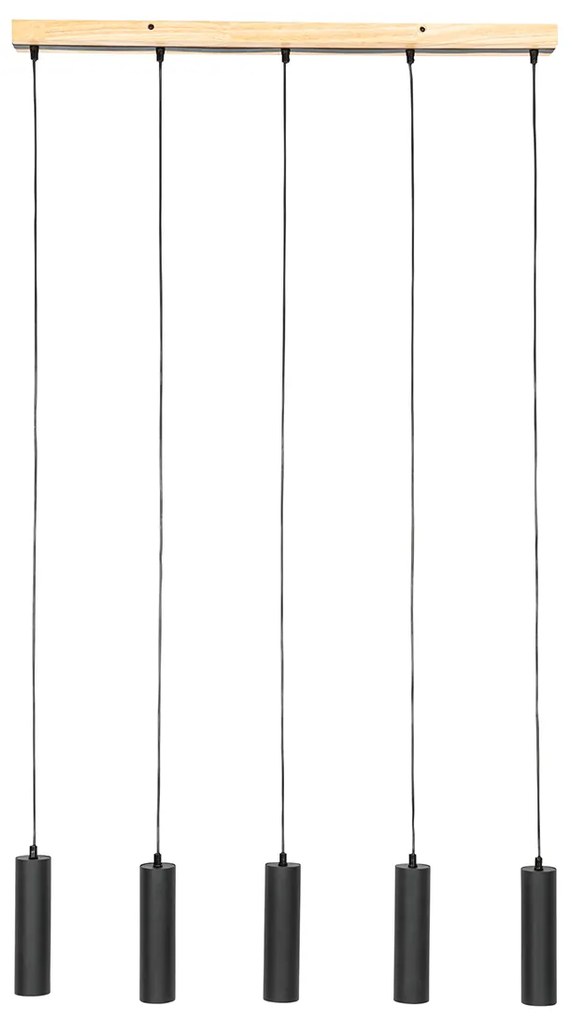 Candeeiro de suspensão moderno preto com madeira 5-luzes - Jeana