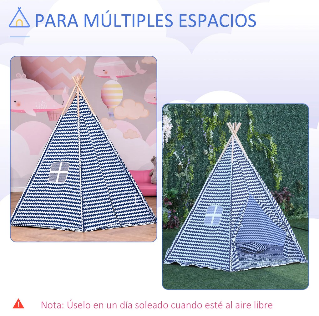 HOMCOM Tenda Infantil Tipi infantil estilo indiano com janela para cobrir o piso e 2 almofadas Bolsa de transporte 200x200x170 cm Azul