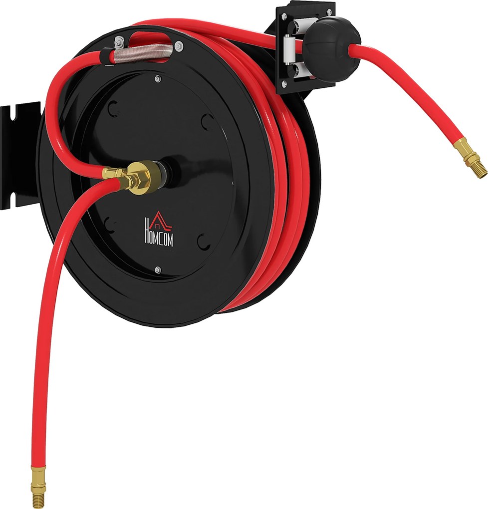 HOMCOM Carretel de mangueira de jardim montado na parede, retração automática, 20 bar de pressão de água, mangueira de água 15+1 m, metal | Aosom Portugal