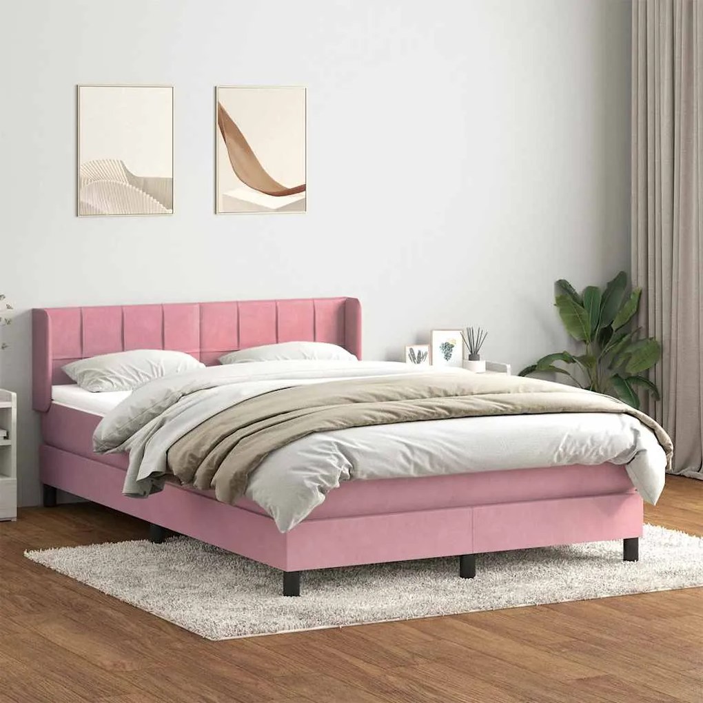 vidaXL Cama box spring com colchão 160x210 cm veludo rosa
