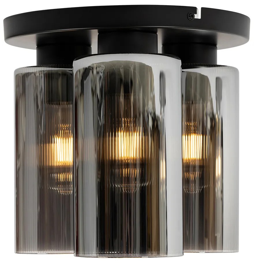 Candeeiro de tecto Art Deco preto com vidro fumê 3 luzes - Laura Art Deco