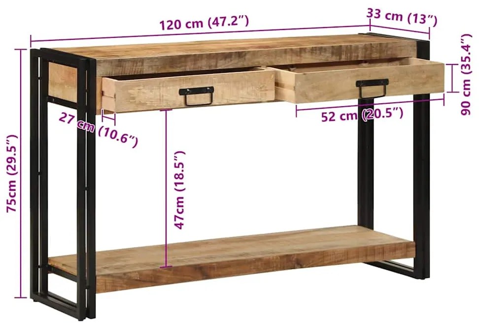 Mesa de Console vidaXL 120x33x75 cm Madeira de Mangueira Sólida