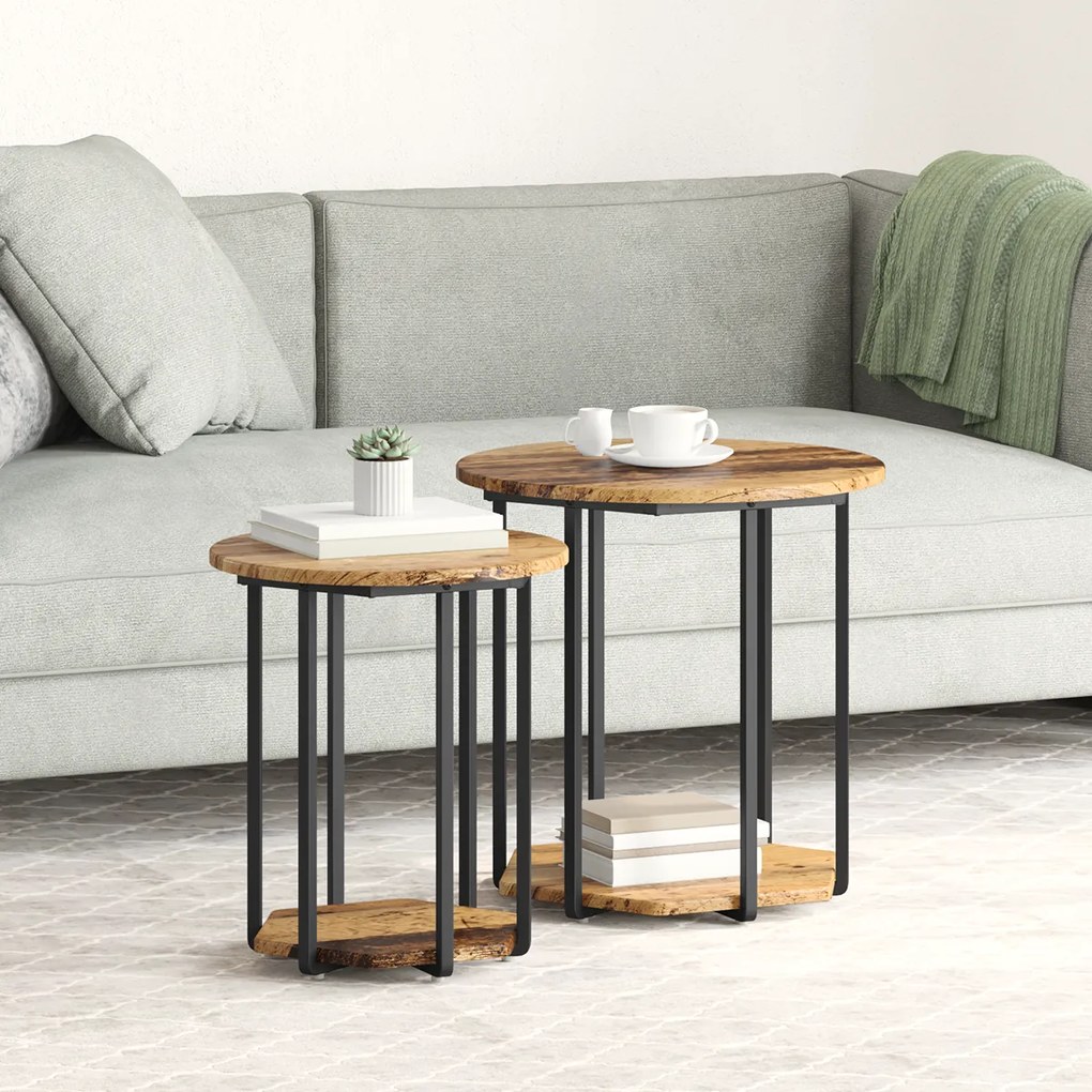 Conjunto de Mesas de Apoio 2 pcs Madeira Velha, Madeira de Engenharia e Metal