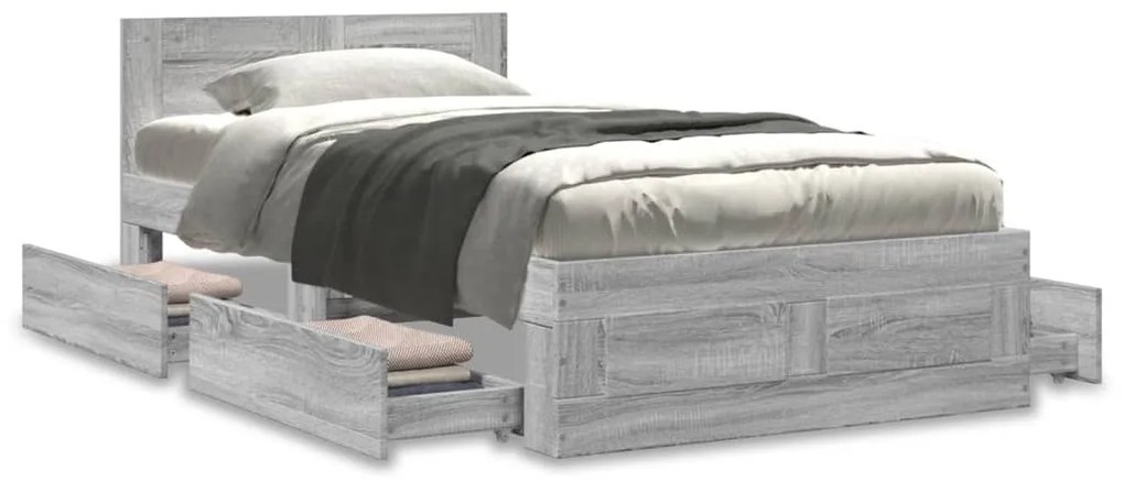 Estrutura de cama c/ cabeceira derivados madeira cinza sonoma