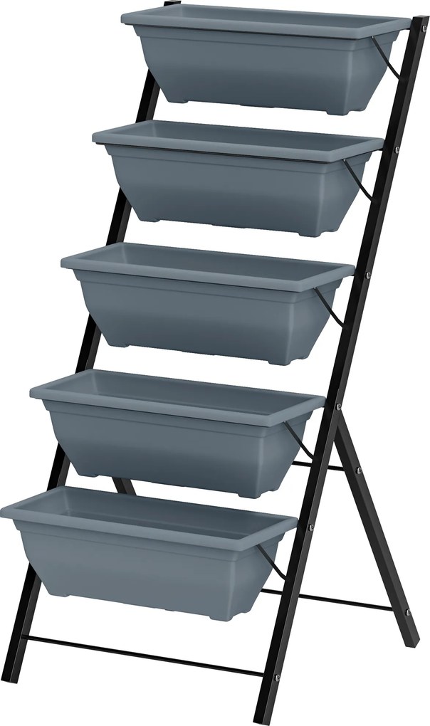 Floreira elevada com andares; floreira vertical com 5 vasos para flores, orifícios de drenagem e estrutura em aço cinzento
