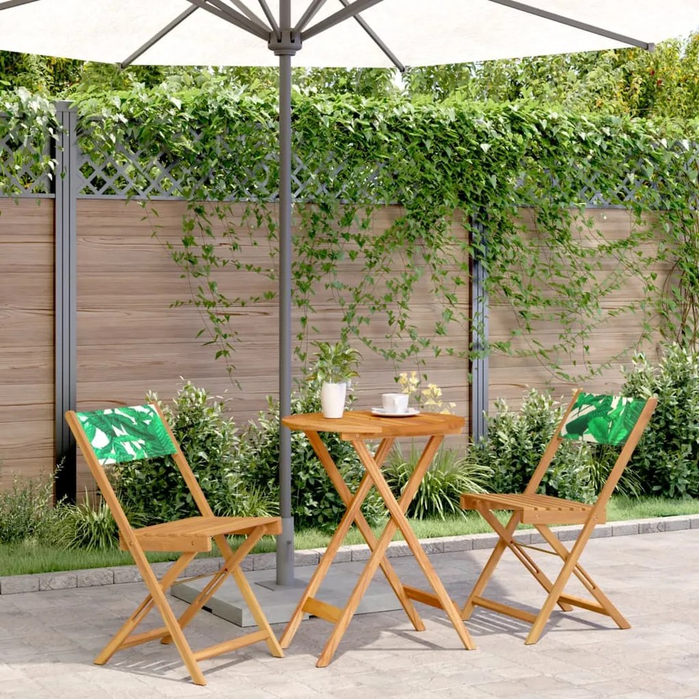 vidaXL 3 pcs conjunto de bistrô tecido/madeira maciça padrão folhas