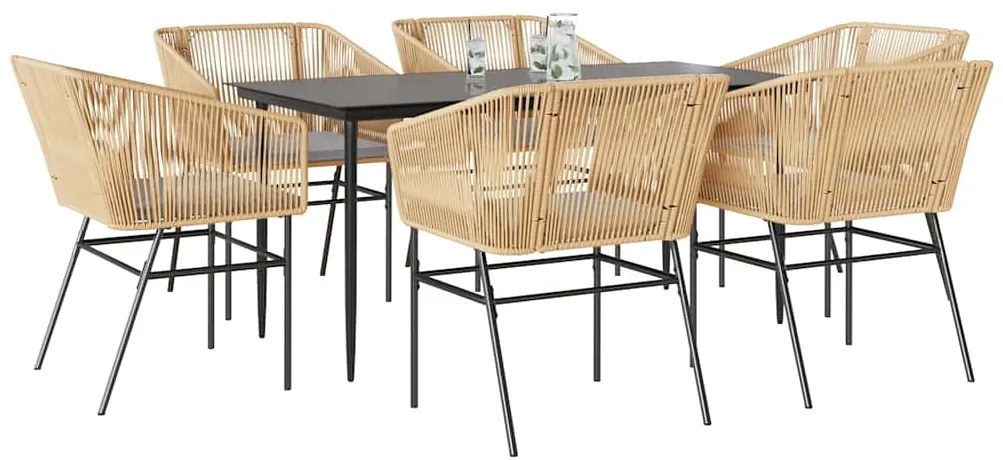 Conjunto jantar jardim 7 peças almofadas vidro vime PE castanho