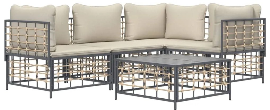5 pcs conjunto lounge de jardim c/ almofadões vime PE antracite