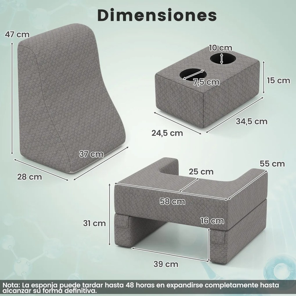 Conjunto de 3 almofadas de leitura, para colo e costas com bolso de armazenamento e porta-copos cinza