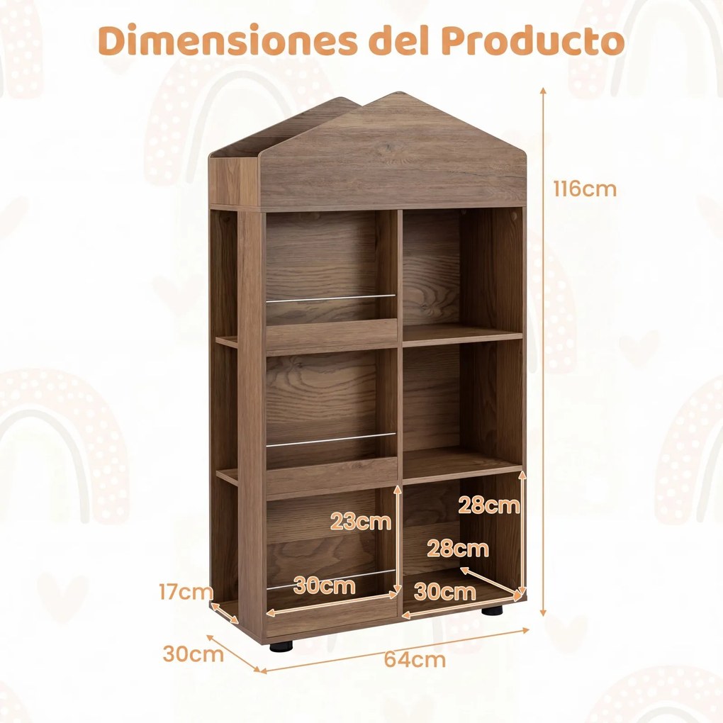 Estante infantil de madeira com 64 x 30 x 116 cm, em forma de casinha para bonecas, com compartimentos, para quarto de bebé, Castanha