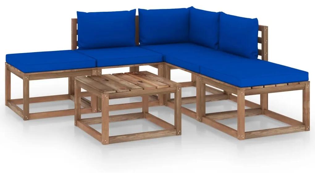 6 pcs conjunto lounge para jardim com almofadões azuis