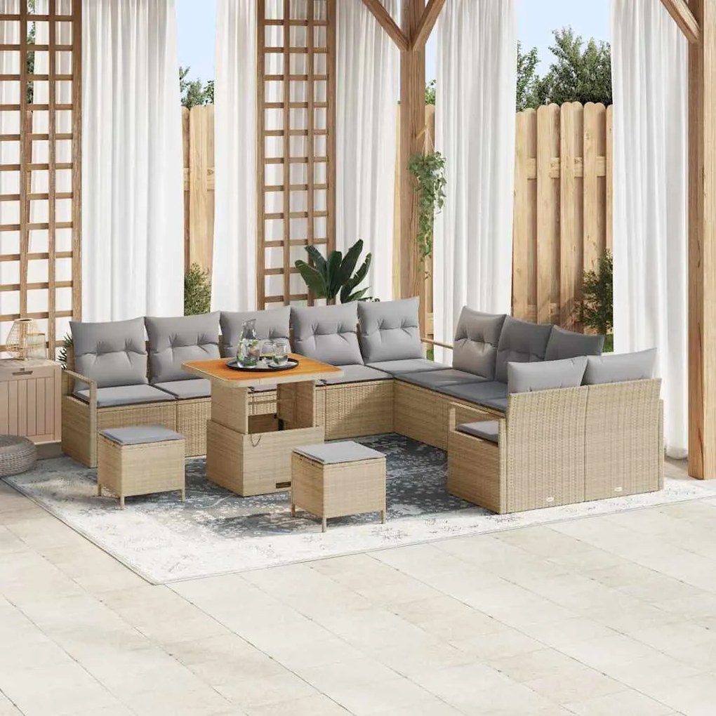 vidaXL Conjunto de Sofá de Jardim de 13 Peças com Almofadas em Rattan Poli Bege e Acácia