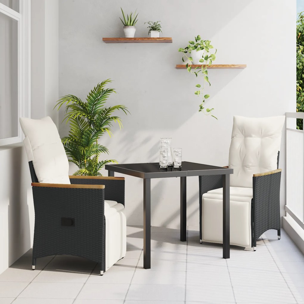 vidaXL Conjunto de Jantar de Jardim 3 Peças com Almofadas Preto Rattan Poliéster