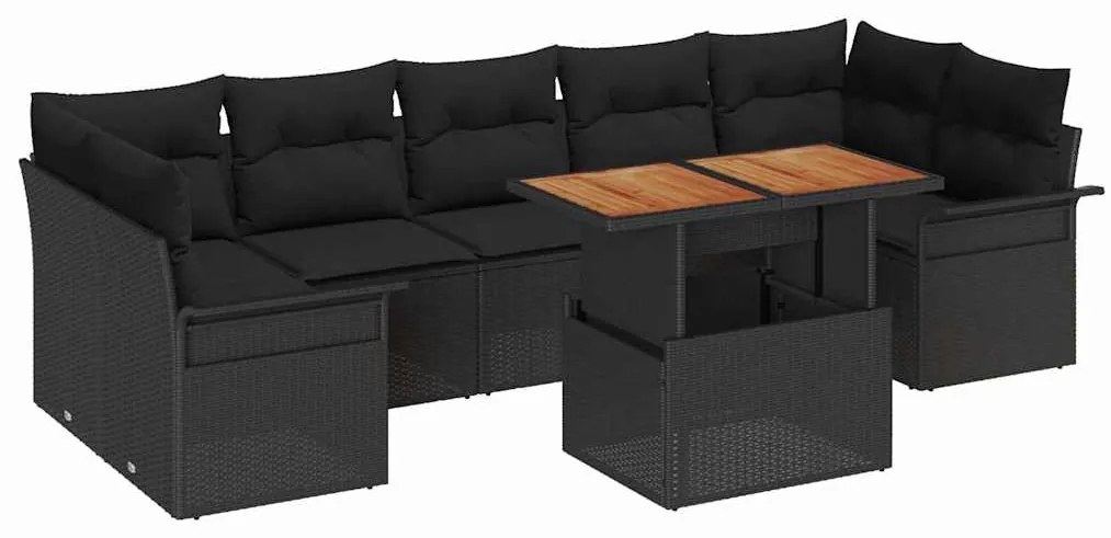 Conjunto de Sofá de Jardim de 8 Peças com Almofadas Pretas de Rattan S