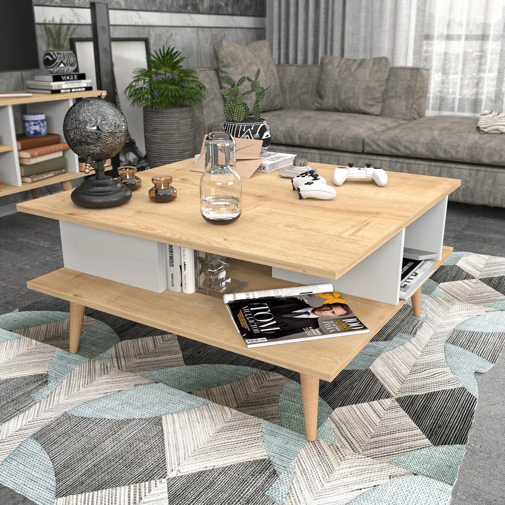Mesa de Centro Akya – Carvalho e Branco – 89x89x44 cm