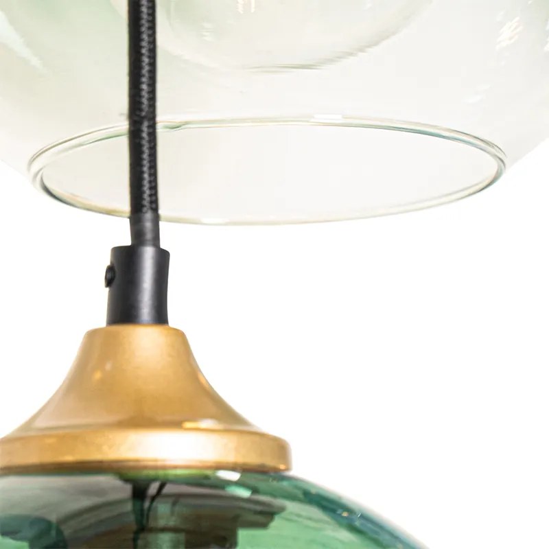 Candeeiro de suspensão em latão com vidro azul e verde 8 luzes - Sandra Art Deco