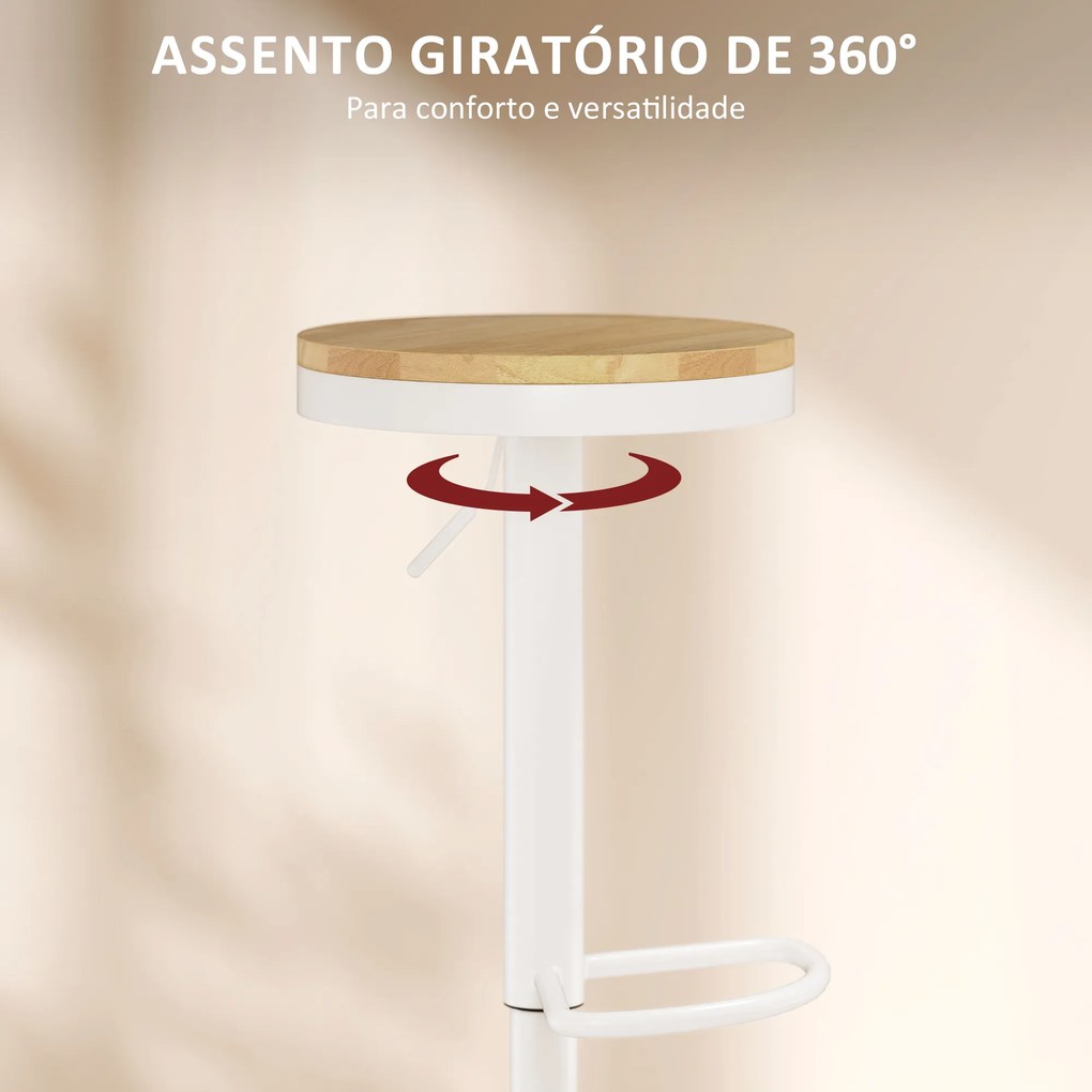Conjunto de 2 Bancos de Bar Giratórios Bancos Altos de Cozinha com Descanso para Pés 38,5x38,5x60-80 cm Madeira e Branco