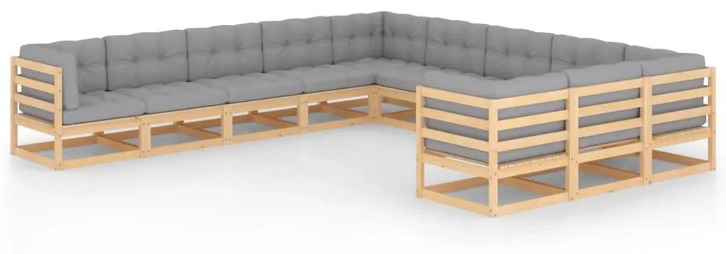 11 pcs conjunto lounge de jardim c/ almofadões pinho maciço