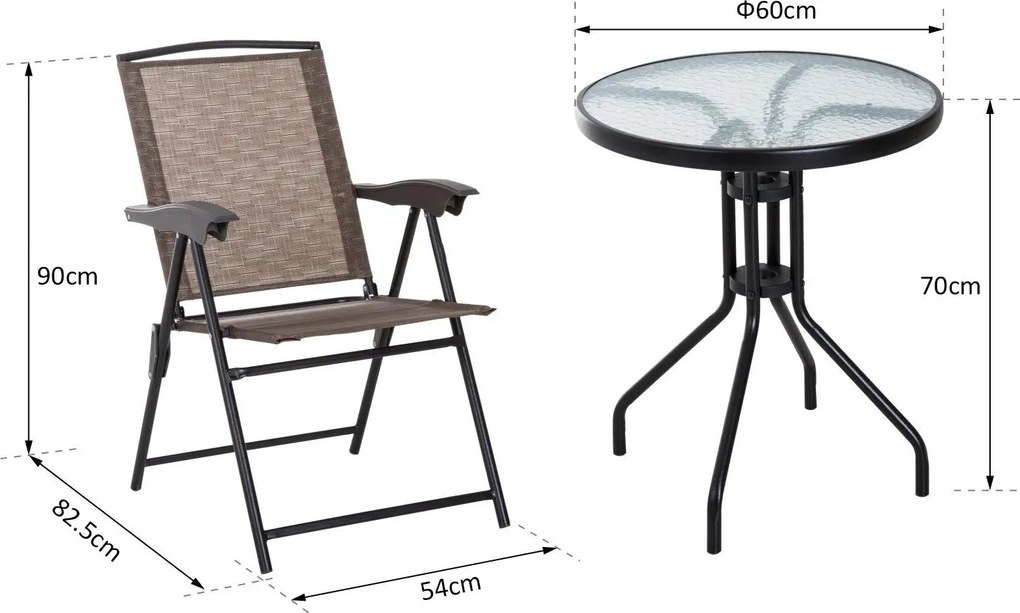 Conjunto de Mesa e 2 Cadeiras Cadeira Dobrável Encosto Reclináveis a 4 Níveis Armação de Aço Castanho