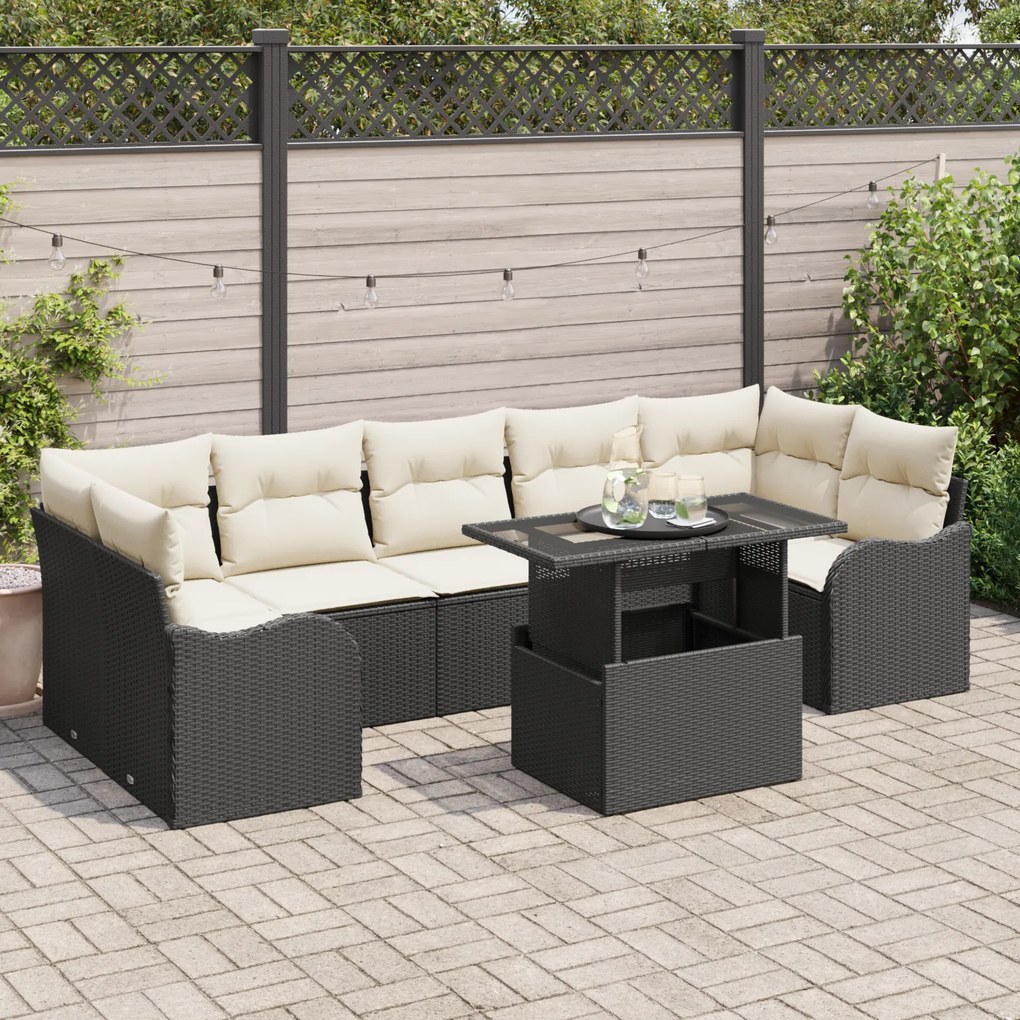 Conjunto de Sofá de Jardim de 8 Peças com Almofadas Preto Vime PE, Sof