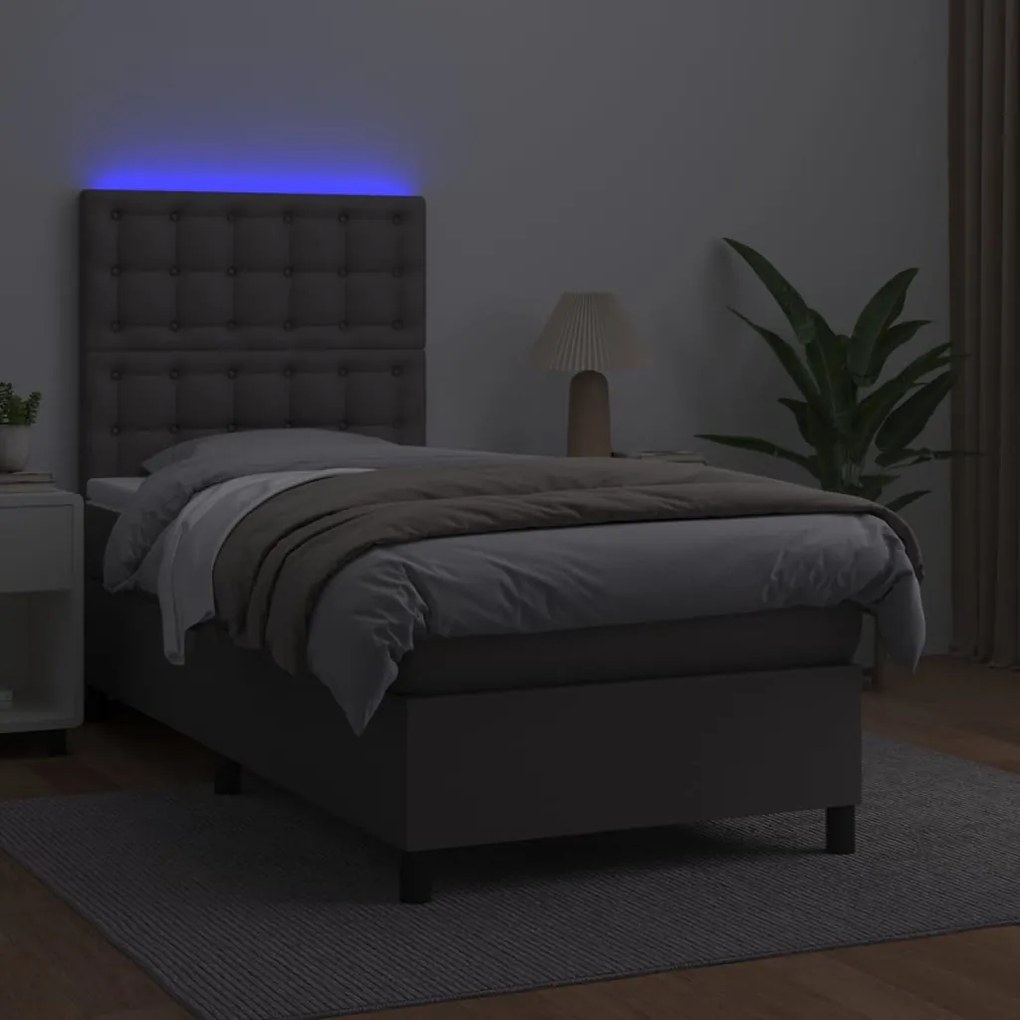 Cama box spring c/ colchão/LED 90x200 cm couro artificial cinza