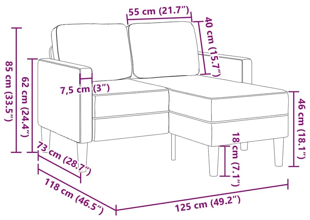 Sofá 2 lugares com Chaise em L 125 cm veludo azul