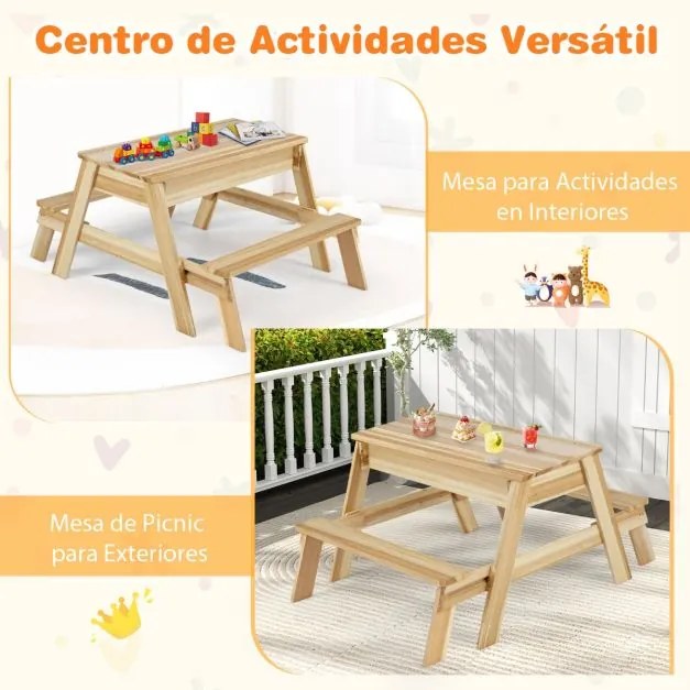 Mesa de piquenique para crianças Jogo 4 em 1 com mesa e bancos de madeira com tampo removível e 2 caixas de armazenamento  natural
