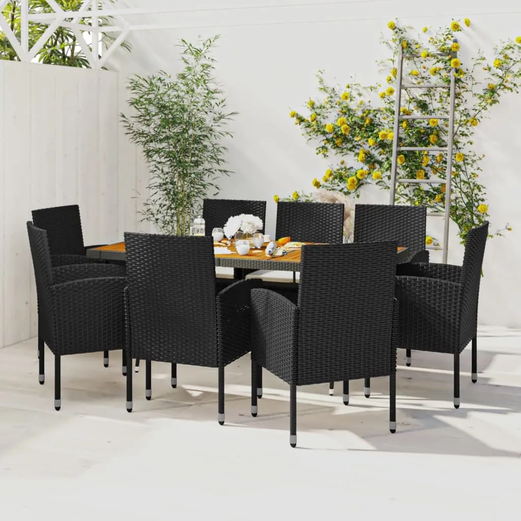 vidaXL 9 pcs Conjunto de jantar p/ exterior vime PE preto