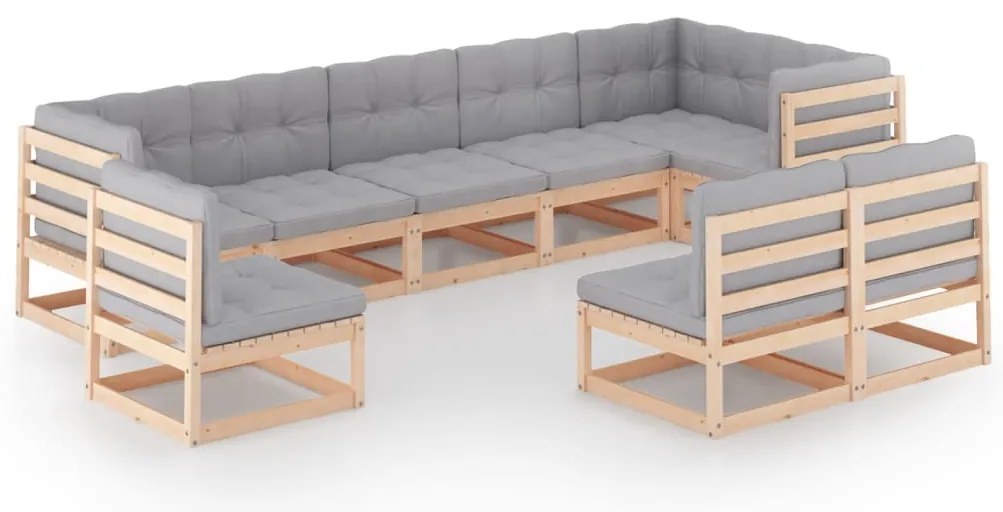 9 pcs conjunto lounge de jardim c/ almofadões pinho maciço